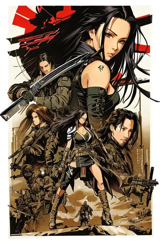 Prompt: 3 people (((Yoji Shinkawa))), sticker of ultra detailed portrait of Aaliyah Dana Haughton + Keanu Reeves + Olivia  Munn in black ninja outfit holding sheathed katana, high quality cell shaded illustration in post apocalyptic style by Yoji Shinkawa, ((full body)), dynamic pose, perfect anatomy, centered, freedom, soul, black long hair, approach to perfection, cell shading, 4k , cinematic dramatic atmosphere, watercolor painting, global illumination, detailed and intricate environment, artstation, concept art, fluid and sharp focus, volumetric lighting, cinematic lighting, Art by Yoji Shinkawa,