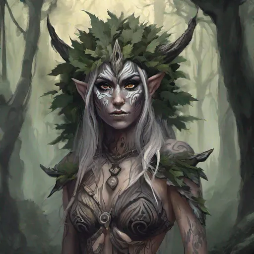 Prompt: Female elf druid wearing little but body paint, with a sinister expression standing at the entrance to a foreboding forest.