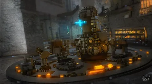 Prompt: voxel art, steampunk, dark colors, sparkling night, stars, giant gears floor, gears, mechanical world, high quality, realistic, unreal engine, octane render, uniform scaling
