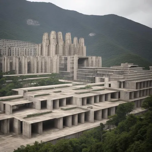 Prompt: a large cathedral on the side of a mountain, brutalist architecture 