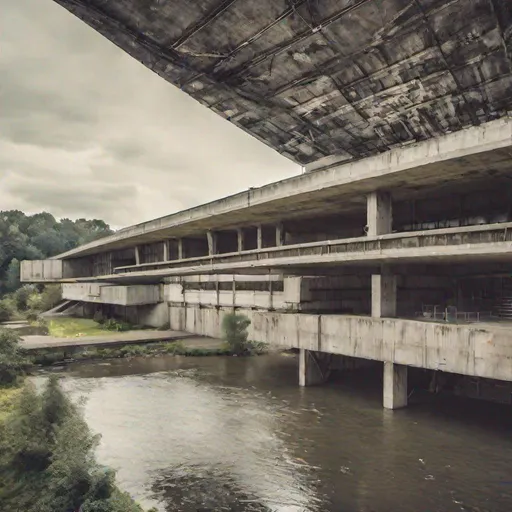 Prompt: a aircraft hangar surrounding a river, brutalist architecture