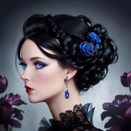 Prompt: Beautiful woman portrait wearing a black evening gown, blue eyes, black hair, dark eyes, ruby jewelry,elaborate updo hairstyle adorned with flowers, facial closeup