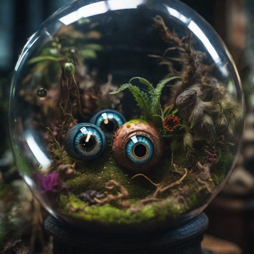 Eyeballs in a terrarium natural lighting canon lens 8k resolution focus Creepy hyperdetailed 