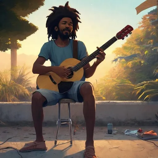 Prompt: a rastaman playing acoustic guitare  realistic,  modern manga, art by ,  Stefan Kostic Ilya Kuvshinov, in the style of ,  Ghibli Pinterest,  moonlight natural lighting, sea, sunset,moon,  sharp ultra realistic post-processing 4k cinematic trending on artstation Octane highly detailed