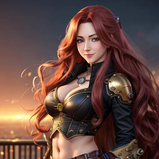 Prompt: extremely realistic, hyperdetailed, steampunk theme, extremely long red wavy hair anime girl, blushing, smiling happily, wears steampunk clothing, toned body, showing abs midriff, highly detailed face, highly detailed eyes, full body, whole body visible, full character visible, soft lighting, high definition, ultra realistic, 2D drawing, 8K, digital art