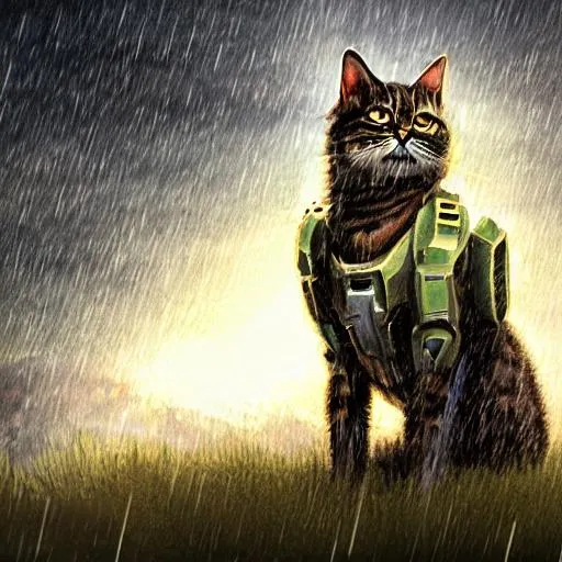 Prompt: Professionally illustrated art of a Cat  from Halo standing in the rain, intricate details, full-body portrait, headshot, HDR, 64K, highly detailed, bright sun rays, best version, handlebar mustache