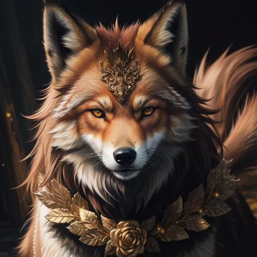 Prompt: masterpiece, epic oil painting, fantasy art, insanely beautiful portrait of a brawny rugged fox-wolf, (quadrupedal canine), UHD, HDR , 8k eyes, detailed face, big anime intense eyes, gold leaf wreath, dense rose-gold fur, intricate details, insanely detailed, masterpiece, cinematic lighting, hyper realistic, hyper realistic fur, 8k, complementary colors, insanely beautiful and detailed mountain peak castle, golden ratio, high octane render, photo realism, volumetric lighting, glaring, growling, wise, depth, high definition face, highly detailed intense shading, unreal 5, concept art, artstation, top model, sunlight on hair, sparkling gold jewels on crest, intricate hyper detailed breathtaking colorful glamorous scenic view landscape, ultra-fine details, hyper-focused, deep colors, intense colors, dramatic lighting, ambient lighting, by sakimi chan, anne stokes, artgerm, wlop, pixiv, tumblr, instagram, deviantart