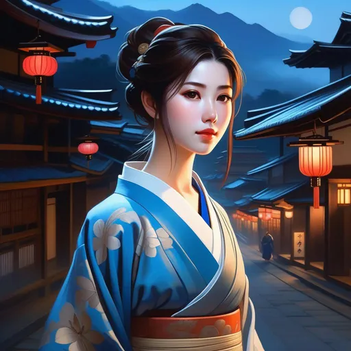 Prompt: Third person, gameplay, ancient Japanese girl, pale skin, brown hair, brown eyes, Kyoto at night, fog, blue atmosphere, cartoony style, extremely detailed painting by Greg Rutkowski and by Henry Justice Ford and by Steve Henderson 