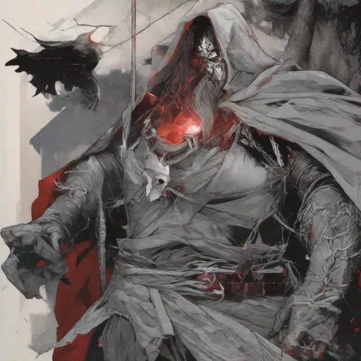 Prompt: Tall, Intimidating, Large, male, Solomon Grundy/goliath D&D build, black hair,  very dark grey scarred skin, covered in bandages, dark tattered cloth armor exposes his midriff, hood of magical darkness that completely shrouds his face with a mask of darkness, large red gem between pecs in chest, Path of the Zealot Barbarian, Strong, wielding large two-handed great-axe, Fantasy setting, D&D, Dead clerics around him, undead, zombie