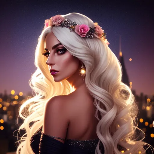 Prompt: 3/4 view face of a woman who looks like Lady Gaga, messy long flowing hair, wearing an elegant dress, flowers in her hair, dark contrast, 3D lighting, soft light, nighttime in the city background, stars, sparkles, bokeh