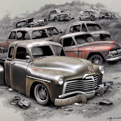 Prompt: junkyard drawing 1950's pickup crash