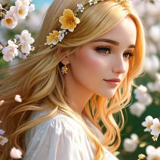 Prompt: pretty woman in Springtime with golden hair with flowers woven into her hair, ethereal, facial closeup