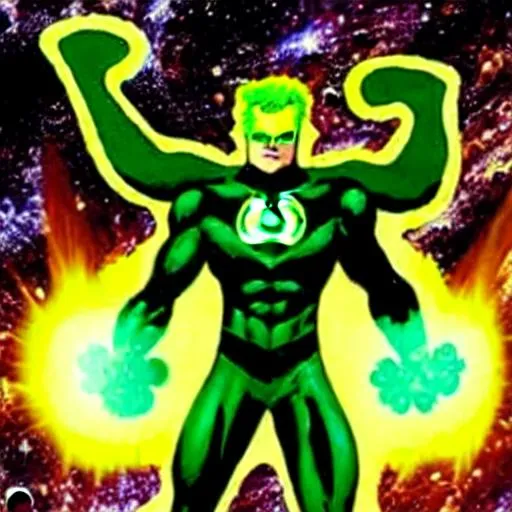 Prompt: Green Lantern, Hyperion Marvel, Nuclear Man, Solar-Flare-Cape floating in deep outer-space 