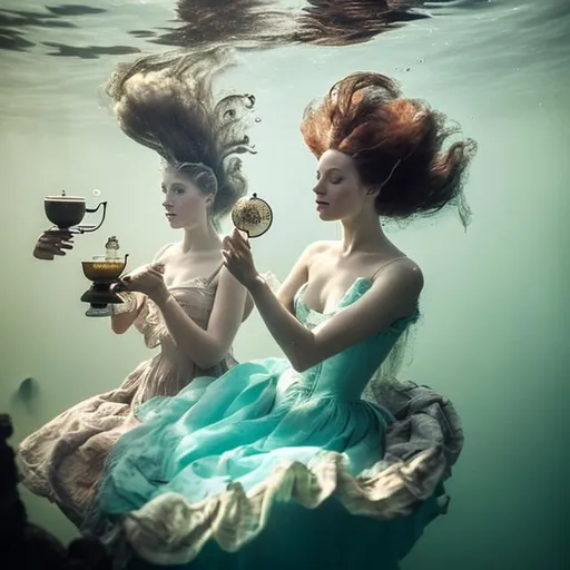 Prompt: woman in 18th century dress underwater having tea.  Hair, flowing fabric, bubbles.  Delicate tea cups.  