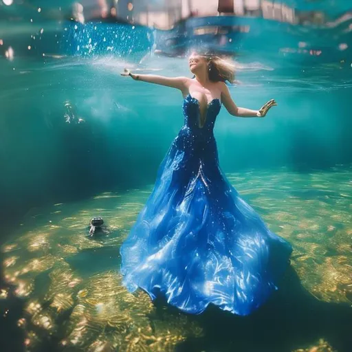 Prompt: the best part is, I'm wearing a Sapphire Alice Maria gown, splashing around the city, singing "All The Love" inside a bar, smoking a frog, and sitting on a rock while surfing the sea