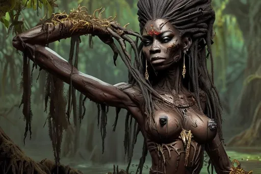 Prompt: full body voodoo swamp queen highly detailed body and face dark cinematic 8K in the style of frank frazetta
