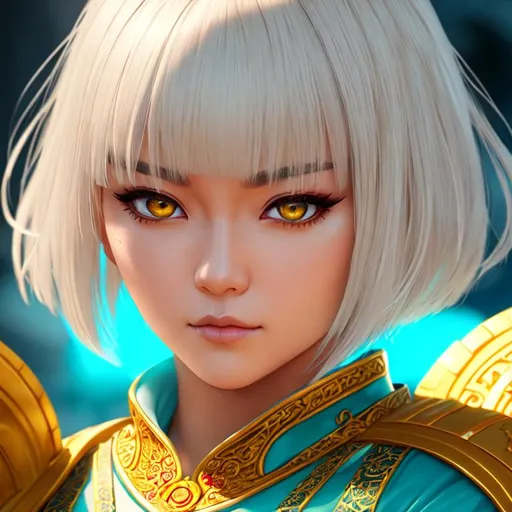 Prompt: Girl, short platinum blonde hair, bangs, yellow eyes, huge red circle on forehead, cinematic shot, monk, turquoise clothes, detailed face, detailed eyes, serious expression, ultra detailed asian inspired accessories, kung fu pose, dnd

((sunshine, very strong sunlight on face, cinematic lighting, volumetric lighting, beautiful shading, head light, back light, natural light, ray tracing, symmetrical)), (((masterpiece, professional, professional illustration))), Fantasy style,

UDR, HDR, 64k, beautiful, stunning, masterpiece