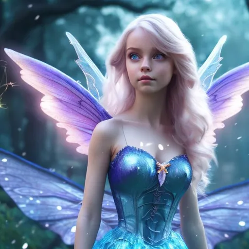Prompt: 4k 3D professional modeling photo live action human woman hd hyper realistic beautiful magical fairy blonde hair fair skin blue eyes beautiful face blue dress blue sparkling fairy wings and wand enchanting mystical forest landscape hd background with live action magic full body surrounded by a glow