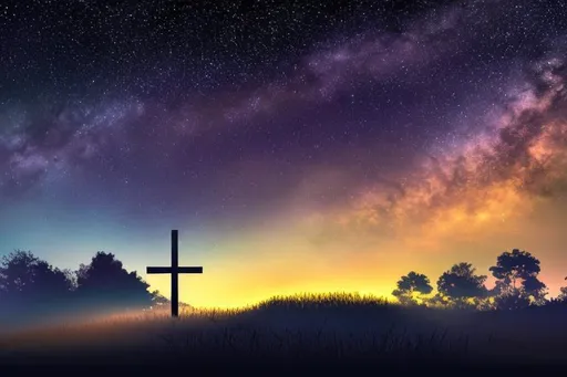 Prompt: Christian Cross foreground 
night sky background
Landscape
