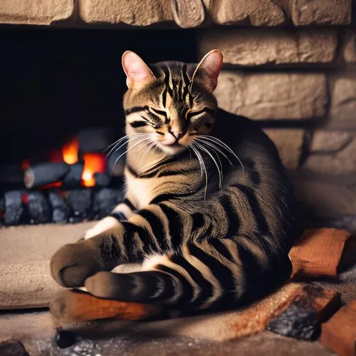 Prompt: blacked striped cat sleeping by a fire place