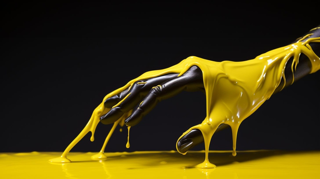 Prompt: a yellow hand drips a black liquid over the edge, in the style of oliver wetter, ossip zadkine, auto body works, mike campau, bright glazes, fluid and loose, made of rubber