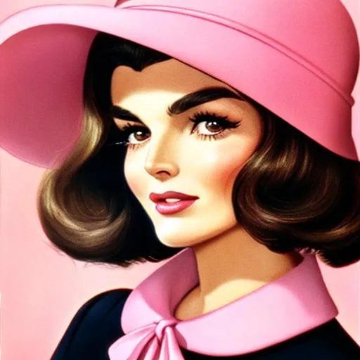 Prompt: Jackie Kennedy, pretty face, pink lips, 60s pillbox hat, closeup