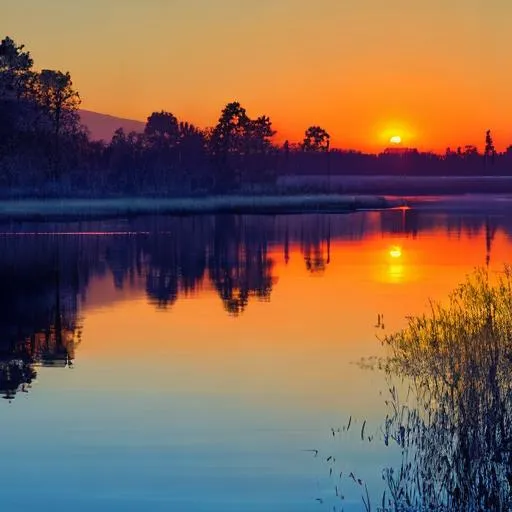 Prompt: sunrise over water with reflection, brilliant colors