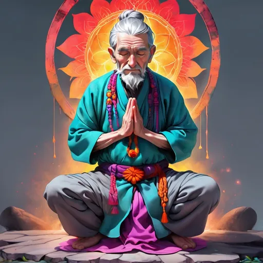 Prompt: Bright colors. vibrant inkpunk style photo of a grey haired old man kneeling in meditation 