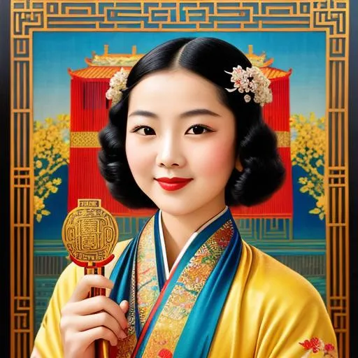 Prompt: Please paint  a portrait of a beautiful Chinese girl with a coy wistful smile.  1930 Chinese advertising art, 1930 Oriental travel poster, Art Deco, Oriental retro