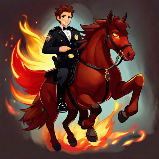 Prompt: Caleb  as a police officer (brown hair) (brown eyes) wearing a tuxedo, full body, riding a (demon horse, glowing red eyes, black coat, firey mane and tail)