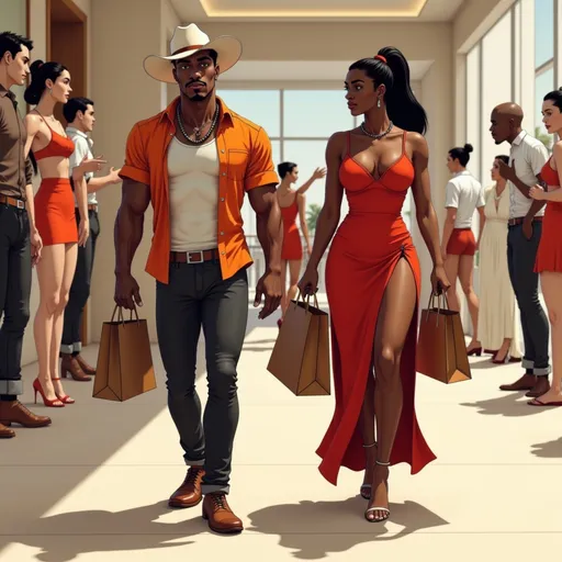 Prompt: Inside a sleek luxury boutique with mannequins in the background, @TRzJfEbYXKjmZAhFV8fB  carries multiple shopping bags, following a curvy Hispanic woman in a fiery red high-slit dress and a slick high ponytail. Her stride is confident, her voice commanding. Duke looks uncomfortable, unsure, slightly slouched—trying to please. She turns back and snaps her fingers playfully, smirking. The camera angle is low, showing her elevated position as she leads. He’s fallen into follower energy, the dynamic visibly reversed.