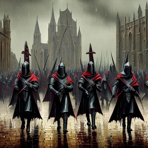 Prompt: knights templar marching in the rain gothic oil painting style, scary