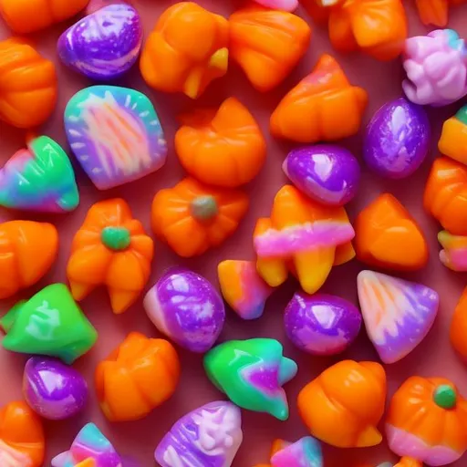 Prompt: Miniature Halloween candy in the style of Lisa frank