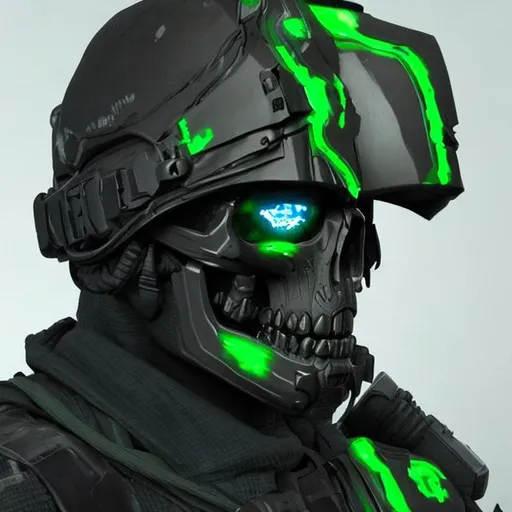Prompt: Black and green sci-fi soldier with a skull mask and hooded 