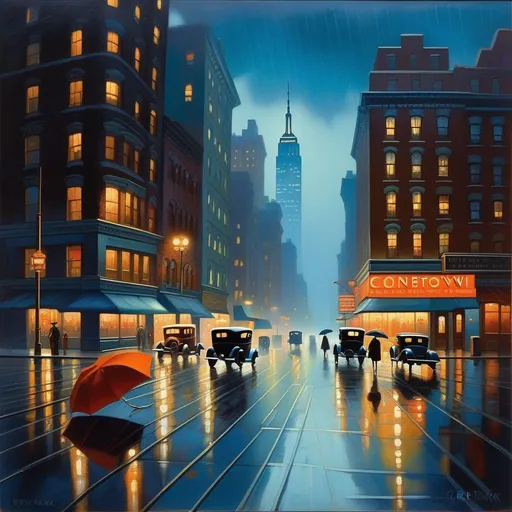 Prompt: 1930s, Downtown Manhattan at night, creepy, rain, fog, cold blue atmosphere, cartoony style, extremely detailed painting by Greg Rutkowski and by Henry Justice Ford and by Steve Henderson 

