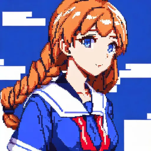 Prompt: Girl with braided hair wearing sailor uniform but in pixel art 