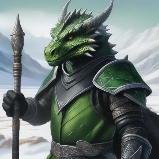 Prompt: A face shot of a beautiful green and black Dragonborn with no hair holding a black and green staff, in a snowy tundra, perfect composition, hyperrealistic, super detailed, 8k, high quality, trending art, trending on artstation, sharp focus, studio photo, intricate details, highly detailed, by Greg Rutkowski, illustration, watercolor