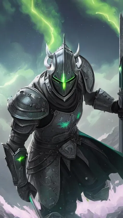 Prompt: a Male in silver crusader armor rests on his sword in the middle of a dark crater filled with glowing green acid. the sky is dark and he is surrounded by glowing green mist. Behance hd, Castle-crashers