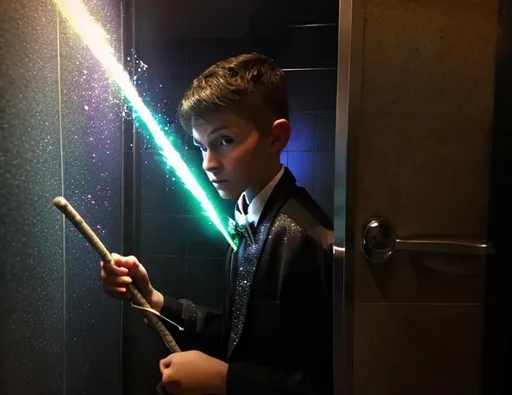 Prompt: 13 year old boy cast a crazy magic spell on someone inside the toilet stall with his magic wand from the outside. Only show the outside of the stall. Lots of sparkle magic from the magic spell spewing out from the top of the stall. Show the boy in the tuxedo with his magic wand casting the spell outside the stall 