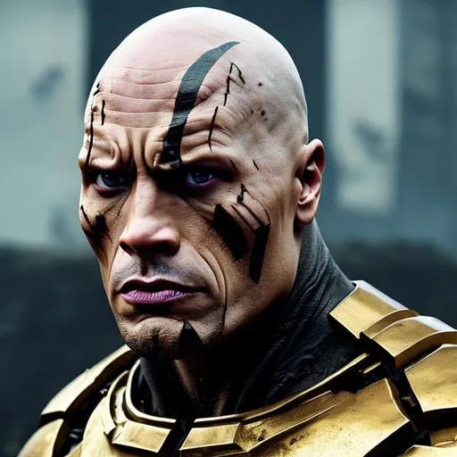 Prompt: dwayne johnson, pale skin, white skin, bald, black eyes, maul face tattoos, black and gold armor, space armor, scifi