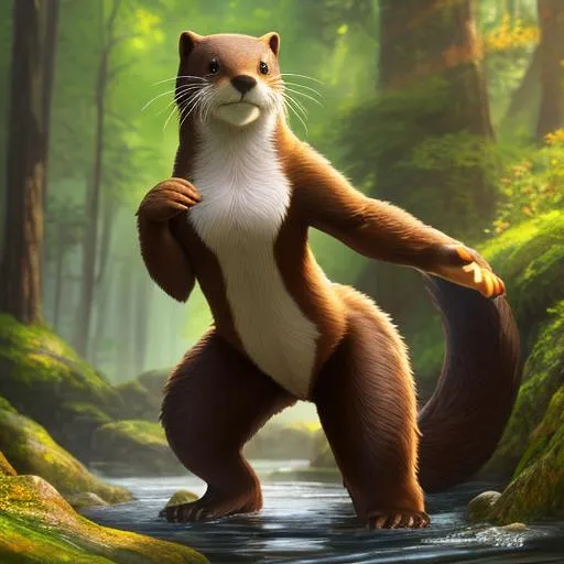 Prompt: Full-body detailed masterpiece, fantasy, high-res, quality upscaled image, perfect composition, subject of this image is a bipedal female otter, brown fur, athletic body, 18k composition, 16k, 2D image, cell shaded, otter, athletic torso, forest background, female chest; using renamon as the body,  otter face features, busty chest,