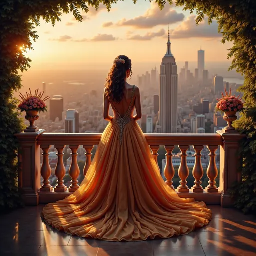 Prompt: A woman in a flowing gold dress, standing gracefully on an elegant balcony, overlooking a sprawling cityscape bathed in the warm glow of the sunset. The skyline reveals towering buildings and twinkling lights, evoking a sense of serenity and grandeur. Lush greenery frames the balcony, enhancing the romantic ambiance. The scene is captured in ultra-detailed, cinematic quality, exuding sophistication and beauty.
