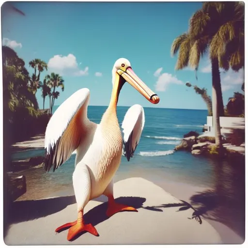 Prompt: 6 foot cartoon Pelican saying Arrivederci, polaroid