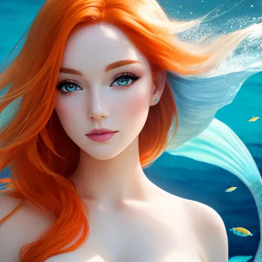 Prompt: a beautiful mermaid with pale skin and orange hair, 4k,  facial closeup



