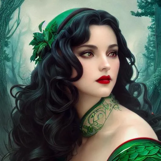 Prompt: Snow White as a vampire queen, long curly hair, green eyes, intricate, elegant, highly detailed, digital painting, artstation, concept art, smooth, sharp focus, illustration, art by artgerm and greg rutkowski and alphonse mucha and william bouguereau