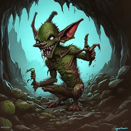 Prompt: Goblin in a dark cave eats shit