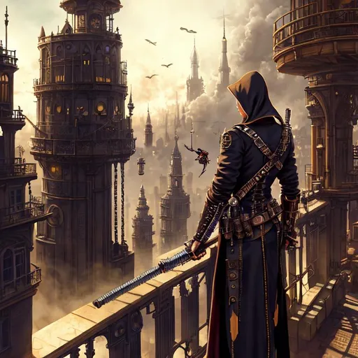 Prompt: Assassin looking over a steampunk city