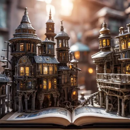 Prompt: [open book on table/miniature city rises from pages/ultra detailed city with buildings,streets/(1.0)] [buildings made of tiny sprockets and gears/springs/metallic/multi colored (0.9)] [wooden table/library/bookshelves/soft focus background (0.8)] wide shot [ultra high resolution 8k quality "highly detailed image" (0.7) ]"