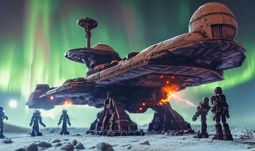 Prompt: huge old rusty spaceship getting repaired  by robots ice planet sparks fire welding people working aurora many colours   guard drinking milk enhance detail turret on spaceship real soldier thin landing gears 