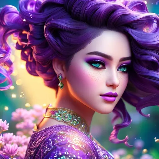 Prompt: Splash art masterpiece of a female posing young fairy woman with ((hyperdetailed purple flowy hair)) and ((hyperdetailed green eyes)) and beautiful hyperdetailed feminine soft face and big lips, backlit, intricately hyperdetailed hair subsurface scattering, showing a little cleavage, bokeh purple lavender field background, cinematic lighting, backlight, action shot, intricately hyperdetailed, perfect face, perfect body, perfect anatomy, hyperrealistic, sharp focus, dark fantasy, volumetric studio lighting, occlusion, ultra-realistic, 3d lighting, beauty, sensual feminine romance, professional, sensual feminine, perfect composition, unreal engine 8k octane, 3d lighting, UHD, HDR, 8K, render, HD, trending on artstation, front view, 
